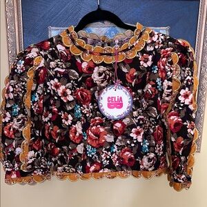 Floral Puff Sleeve Blouse with Scalloped Edges